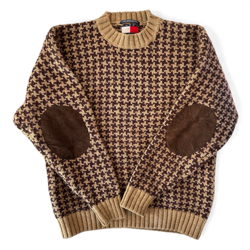 Tommy Hilfiger Shetland Wool Brown Houndstooth Crewneck Knit Sweater